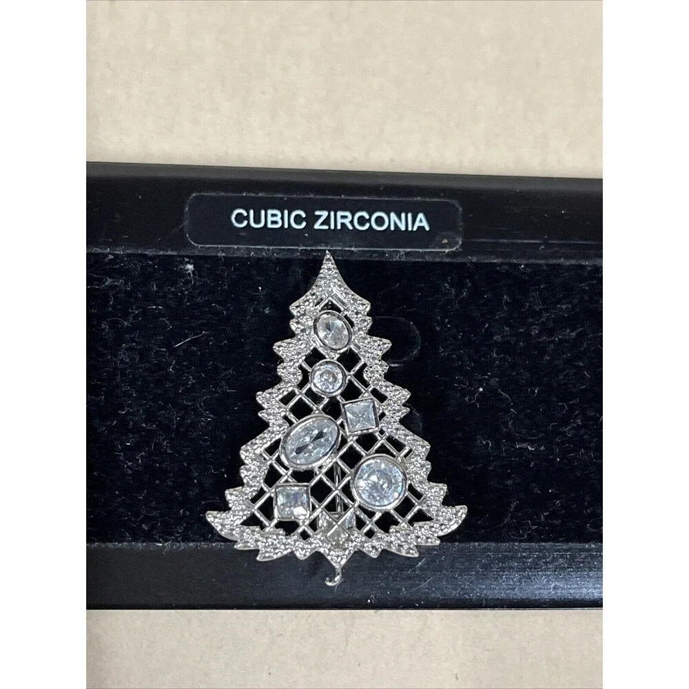SILVER CUBIC ZIRCONIA? Christmas Tree BROOCH PIN With Clear Stones VTG‎ HTF